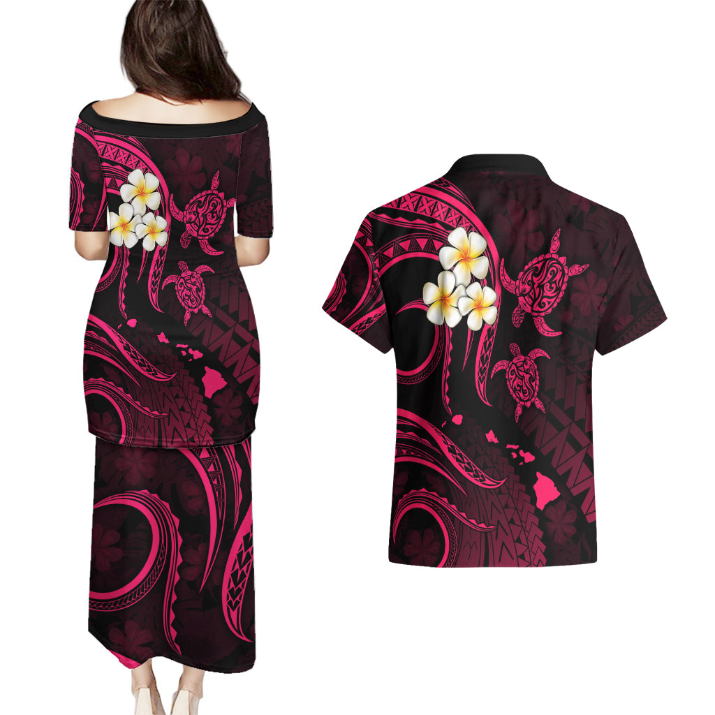 Hawaii Couples Puletasi Dress and Hawaiian Shirt Niihau Islands Polynesian Sunset Plumeria Pink Vibe LT9 - Wonder Print Shop