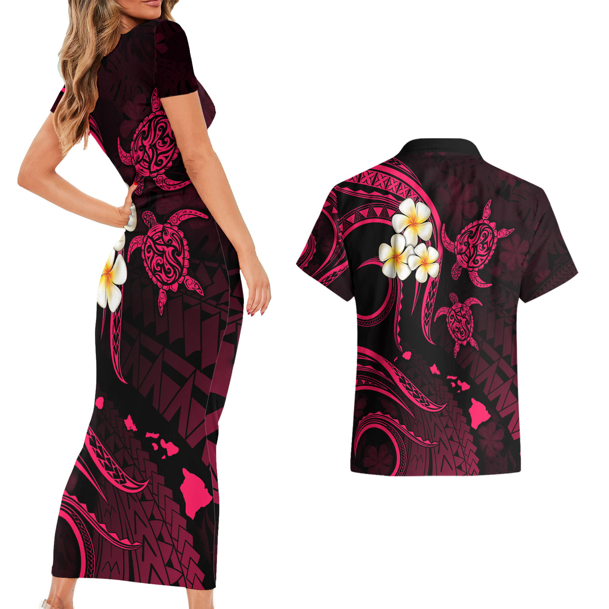 Hawaii Couples Short Sleeve Bodycon Dress and Hawaiian Shirt Niihau Islands Polynesian Sunset Plumeria Pink Vibe LT9 - Wonder Print Shop