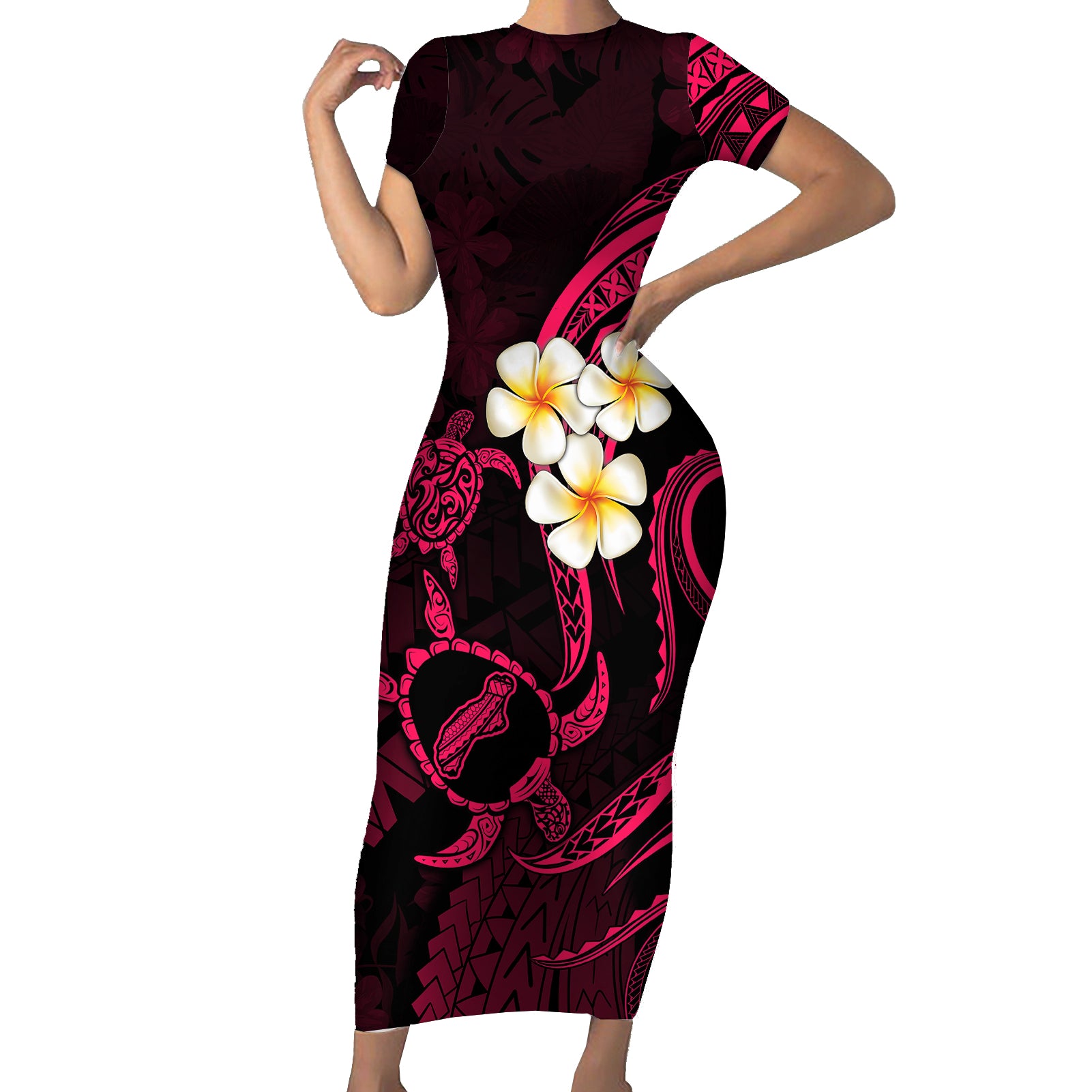 Hawaii Short Sleeve Bodycon Dress Niihau Islands Polynesian Sunset Plumeria Pink Vibe - Wonder Print Shop