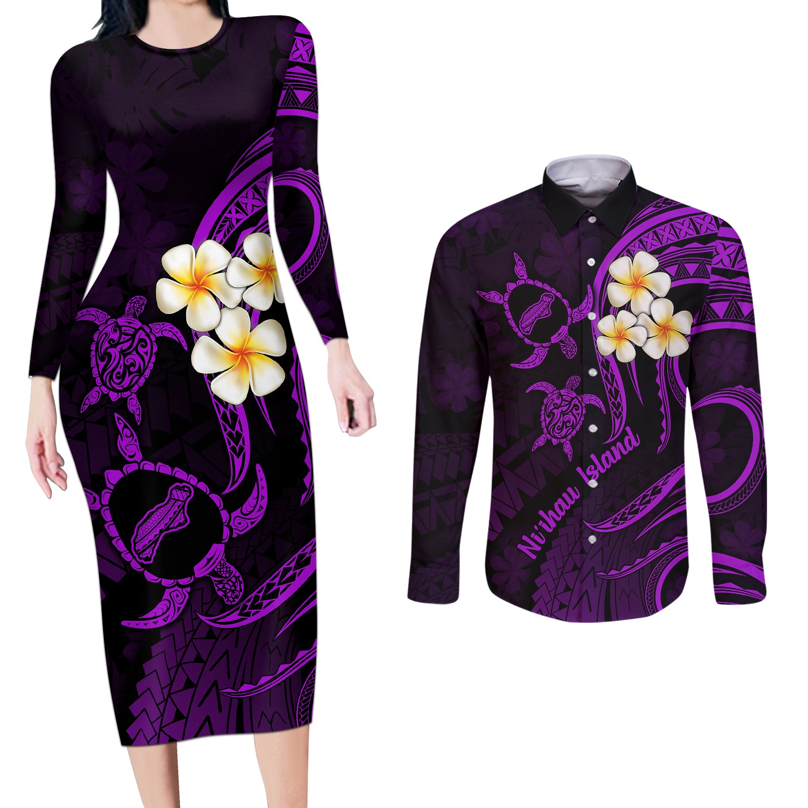 Polynesian Hawaii Couples Long Sleeve Bodycon Dress and Long Sleeve Button Shirts Niihau Islands with Pacific Plumeria Purple Vibe LT9 - Wonder Print Shop