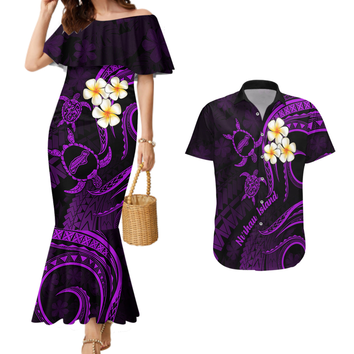 Polynesian Hawaii Couples Mermaid Dress And Hawaiian Shirt Niihau Islands with Pacific Plumeria Purple Vibe LT9 - Wonder Print Shop