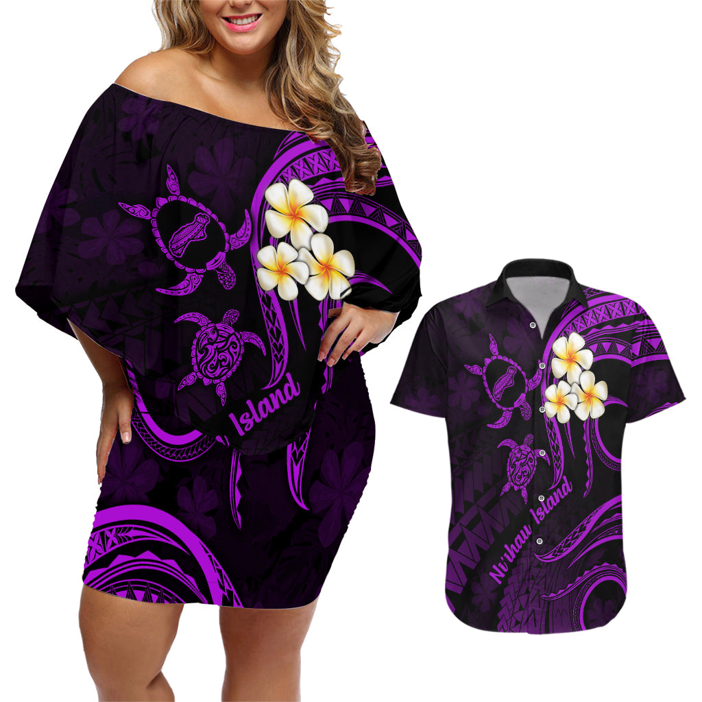 Polynesian Hawaii Couples Off Shoulder Short Dress and Hawaiian Shirt Niihau Islands with Pacific Plumeria Purple Vibe LT9 - Wonder Print Shop