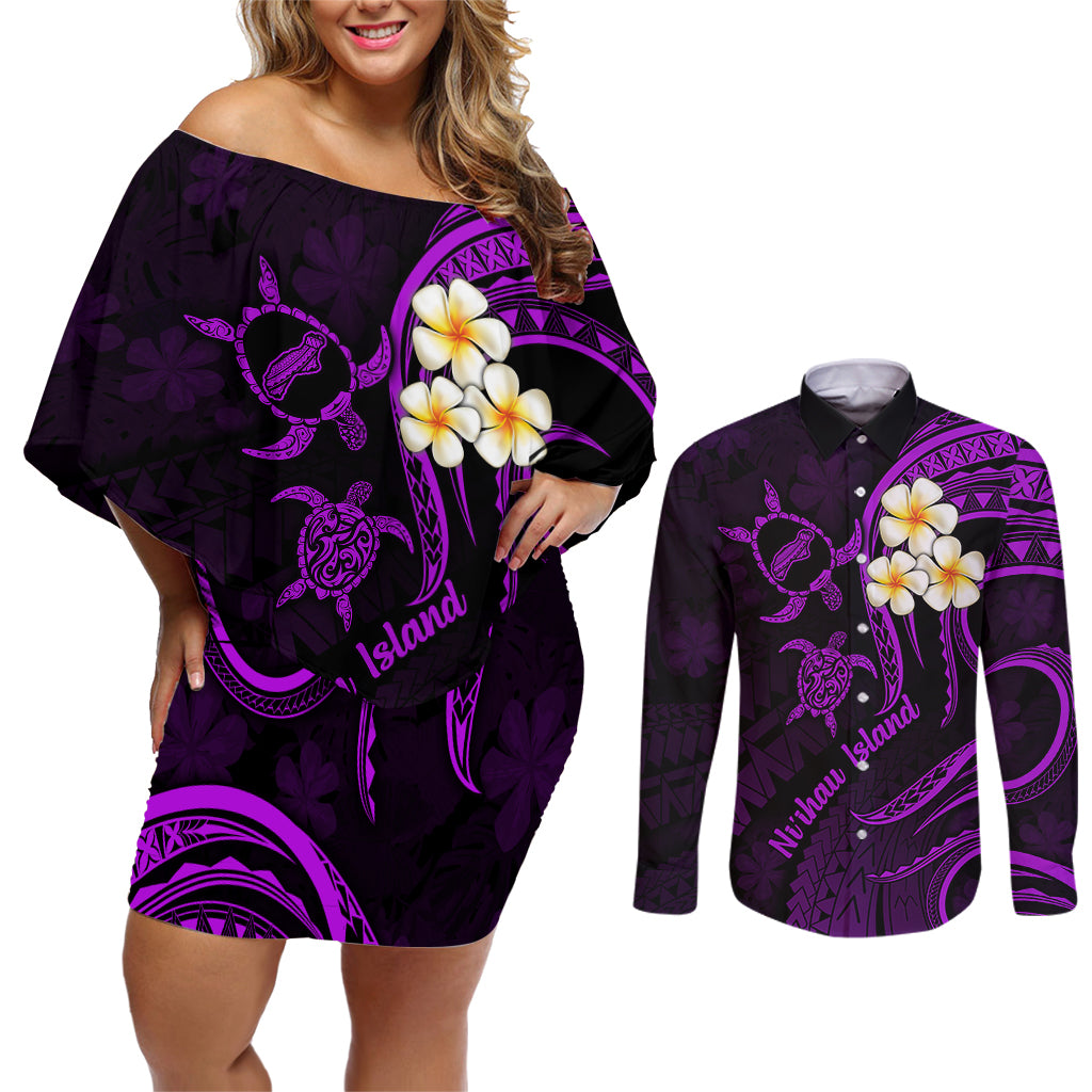 Polynesian Hawaii Couples Off Shoulder Short Dress and Long Sleeve Button Shirts Niihau Islands with Pacific Plumeria Purple Vibe LT9 - Wonder Print Shop