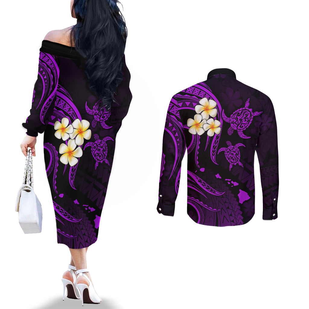 polynesian-hawaii-couples-off-the-shoulder-long-sleeve-dress-and-long-sleeve-button-shirts-niihau-islands-with-pacific-plumeria-purple-vibe