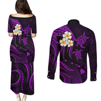 Polynesian Hawaii Couples Puletasi Dress and Long Sleeve Button Shirts Niihau Islands with Pacific Plumeria Purple Vibe LT9 - Wonder Print Shop