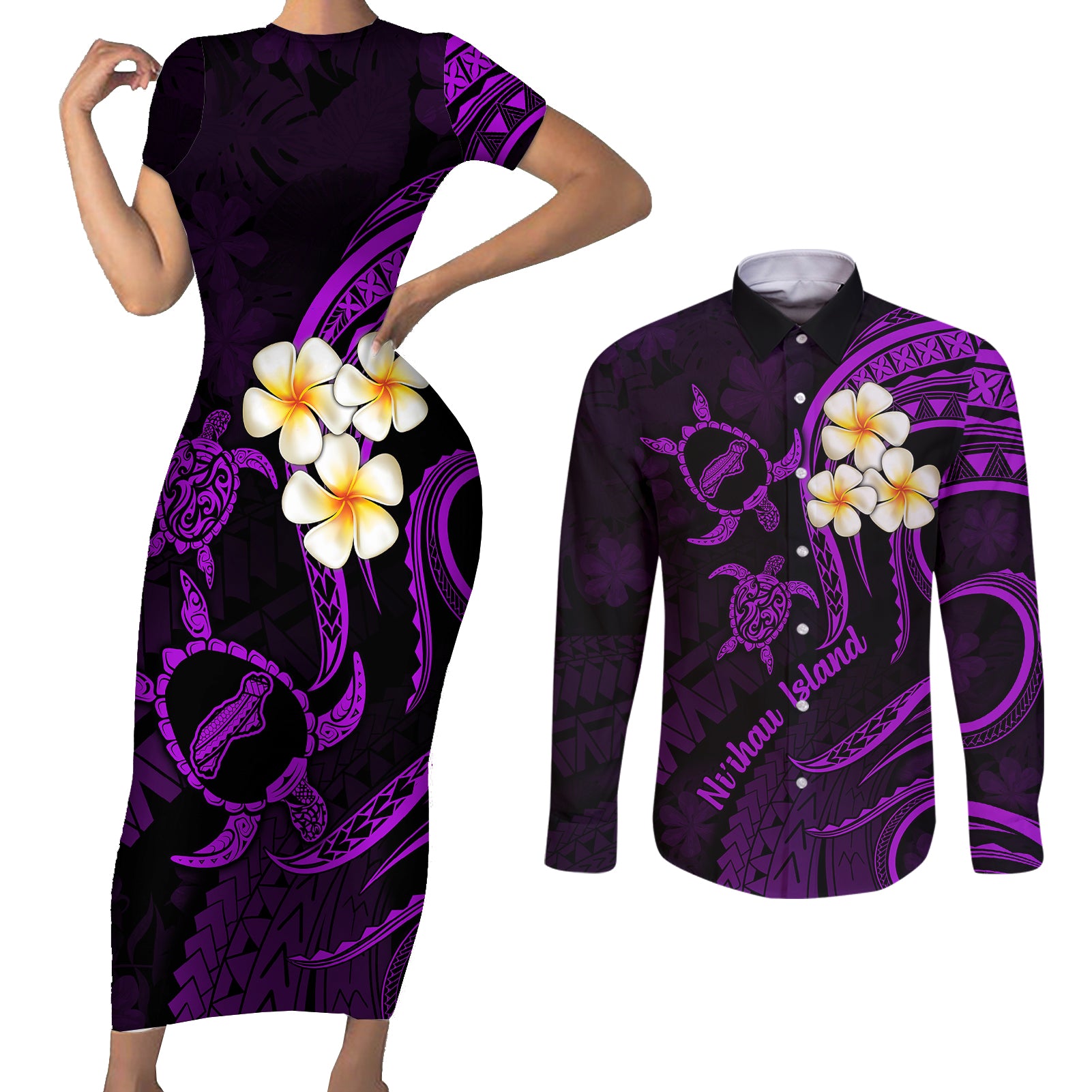 Polynesian Hawaii Couples Short Sleeve Bodycon Dress and Long Sleeve Button Shirts Niihau Islands with Pacific Plumeria Purple Vibe LT9 - Wonder Print Shop