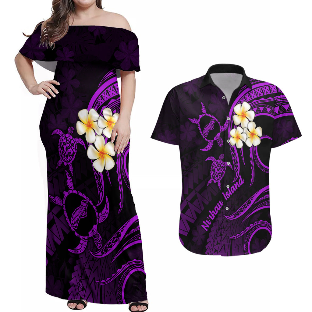 Polynesian Hawaii Couples Off Shoulder Maxi Dress and Hawaiian Shirt Niihau Islands with Pacific Plumeria Purple Vibe LT9 - Wonder Print Shop