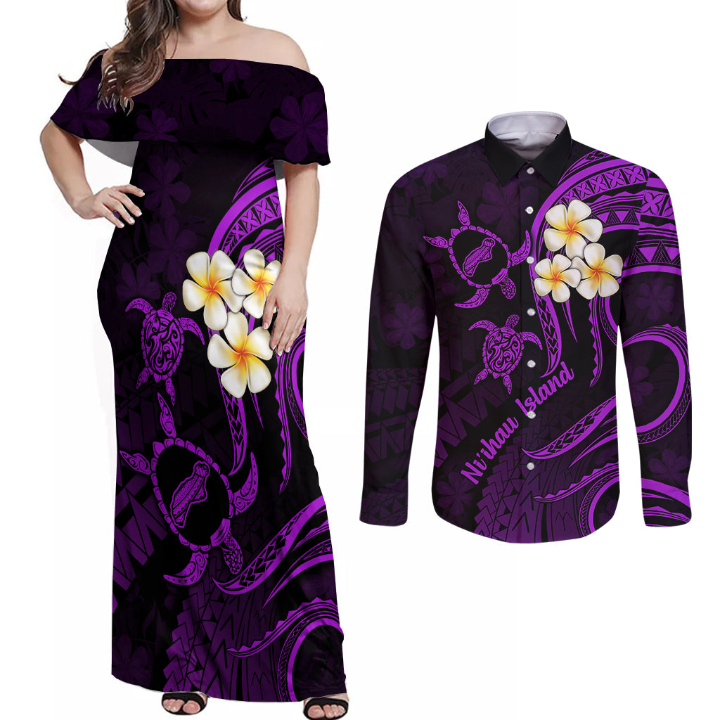 Polynesian Hawaii Couples Off Shoulder Maxi Dress and Long Sleeve Button Shirts Niihau Islands with Pacific Plumeria Purple Vibe LT9 - Wonder Print Shop