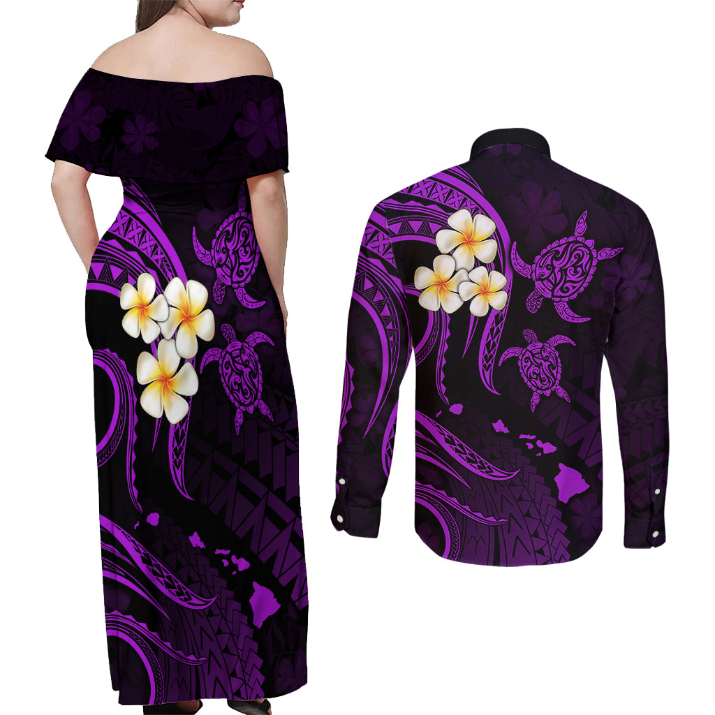 Polynesian Hawaii Couples Off Shoulder Maxi Dress and Long Sleeve Button Shirts Niihau Islands with Pacific Plumeria Purple Vibe LT9 - Wonder Print Shop