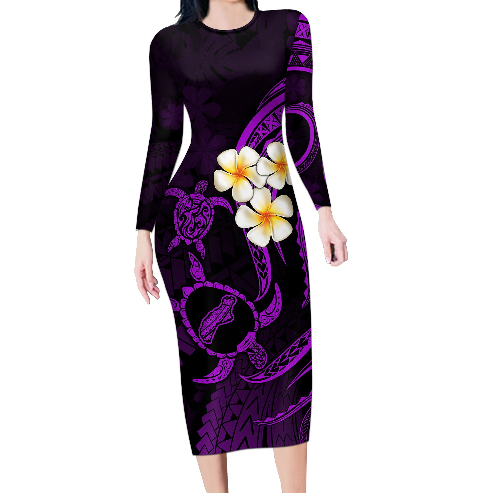 Polynesian Hawaii Long Sleeve Bodycon Dress Niihau Islands with Pacific Plumeria Purple Vibe - Wonder Print Shop