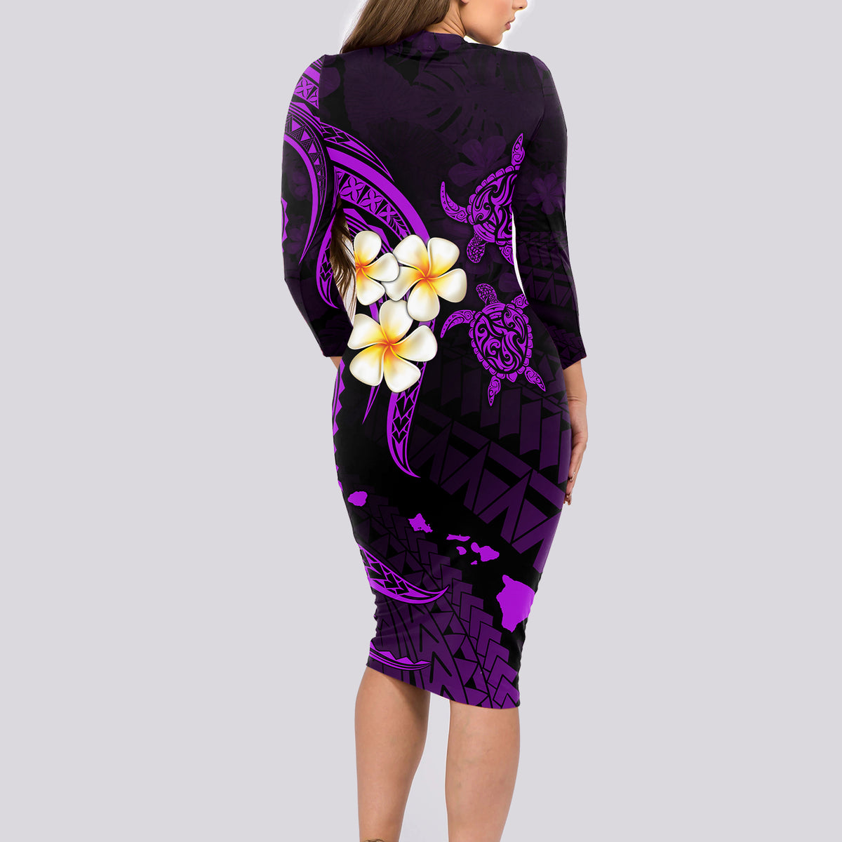 Polynesian Hawaii Long Sleeve Bodycon Dress Niihau Islands with Pacific Plumeria Purple Vibe - Wonder Print Shop