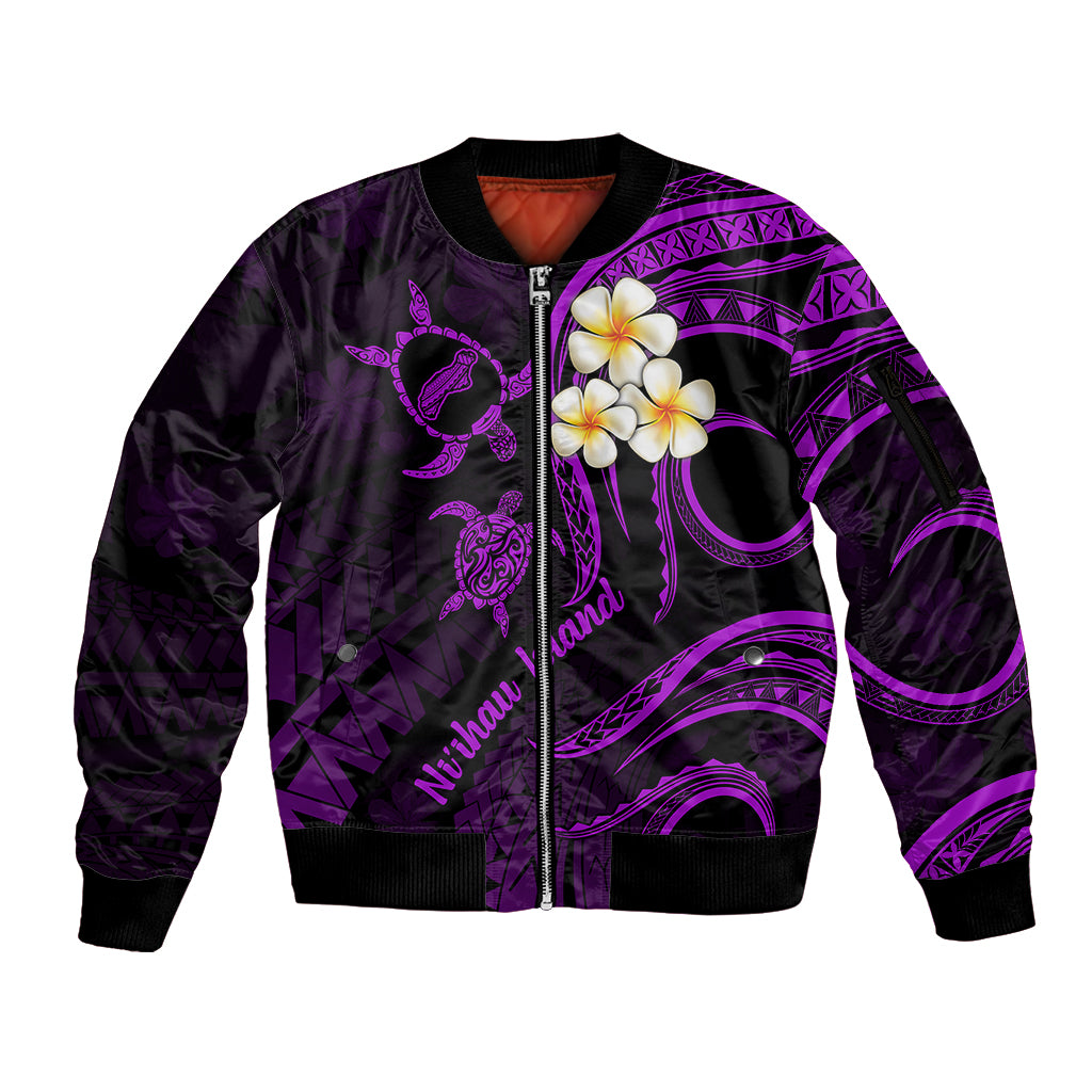 Polynesian Hawaii Sleeve Zip Bomber Jacket Niihau Islands with Pacific Plumeria Purple Vibe - Wonder Print Shop