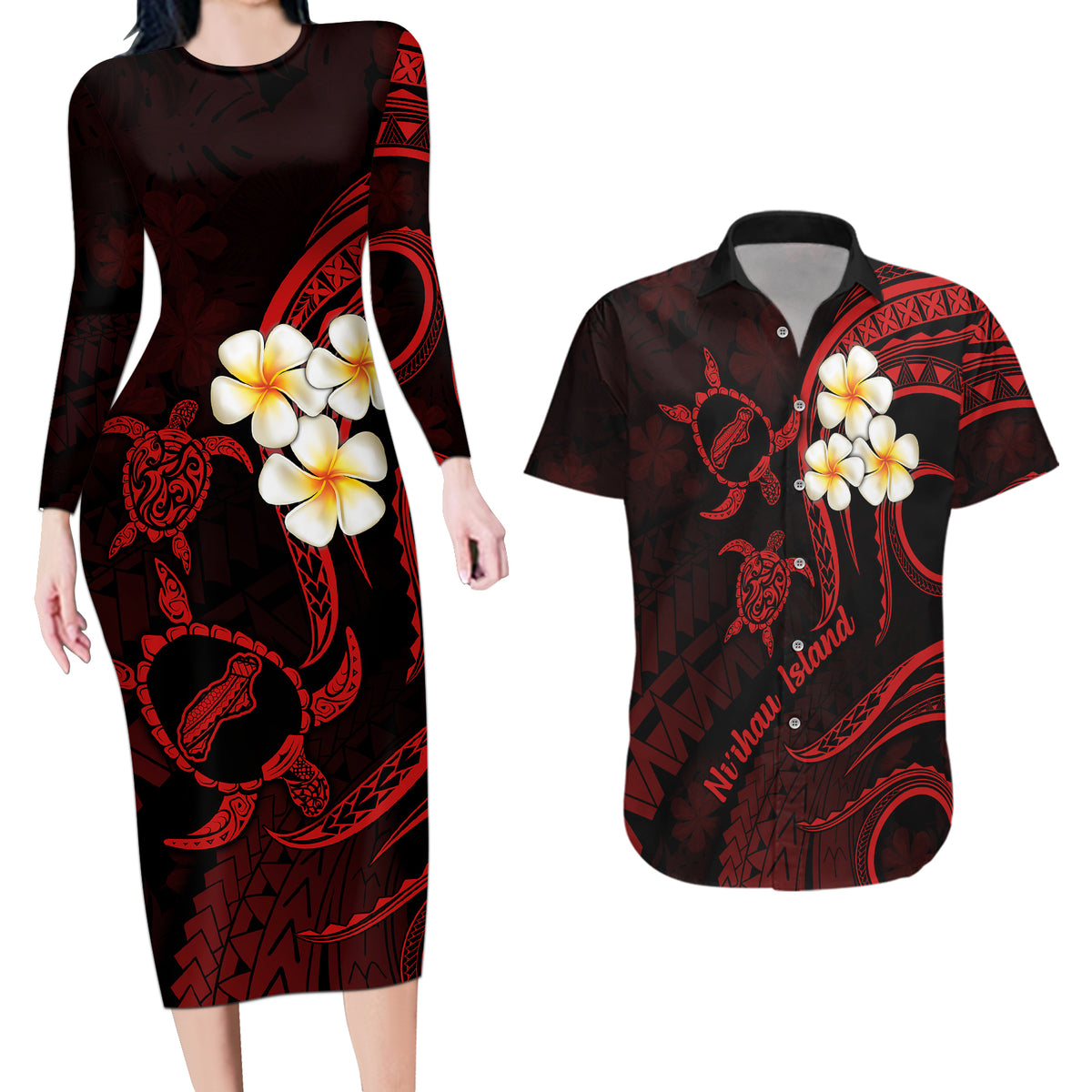 Polynesian Hawaii Couples Long Sleeve Bodycon Dress and Hawaiian Shirt Niihau Islands with Pacific Plumeria Red Vibe LT9 - Wonder Print Shop