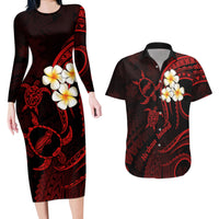Polynesian Hawaii Couples Long Sleeve Bodycon Dress and Hawaiian Shirt Niihau Islands with Pacific Plumeria Red Vibe LT9 - Wonder Print Shop