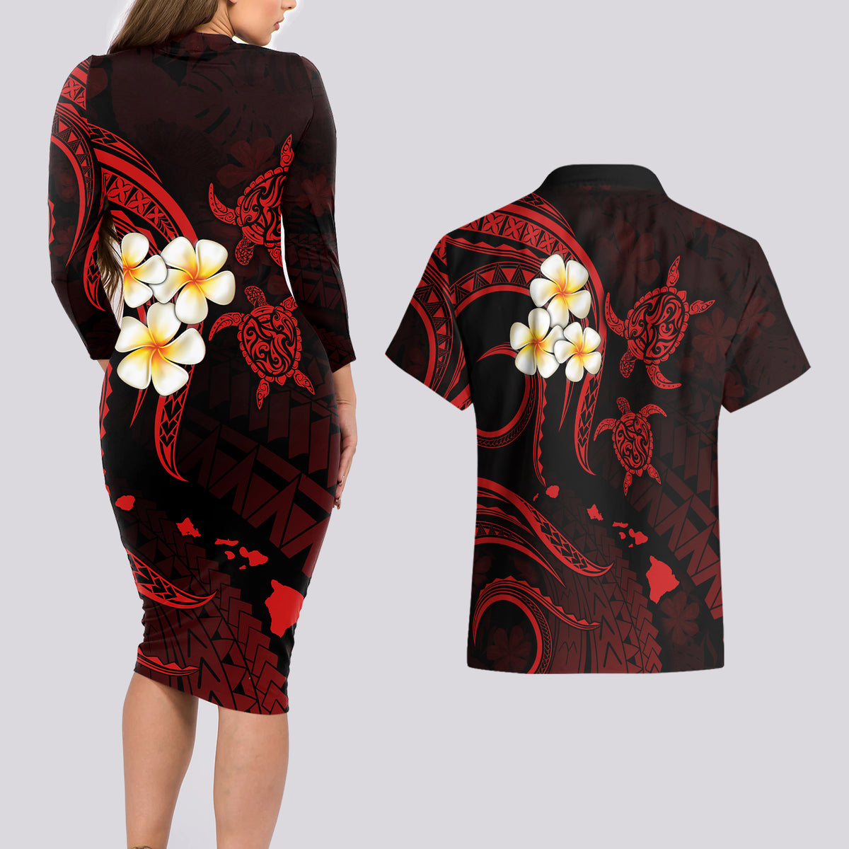 Polynesian Hawaii Couples Long Sleeve Bodycon Dress and Hawaiian Shirt Niihau Islands with Pacific Plumeria Red Vibe LT9 - Wonder Print Shop