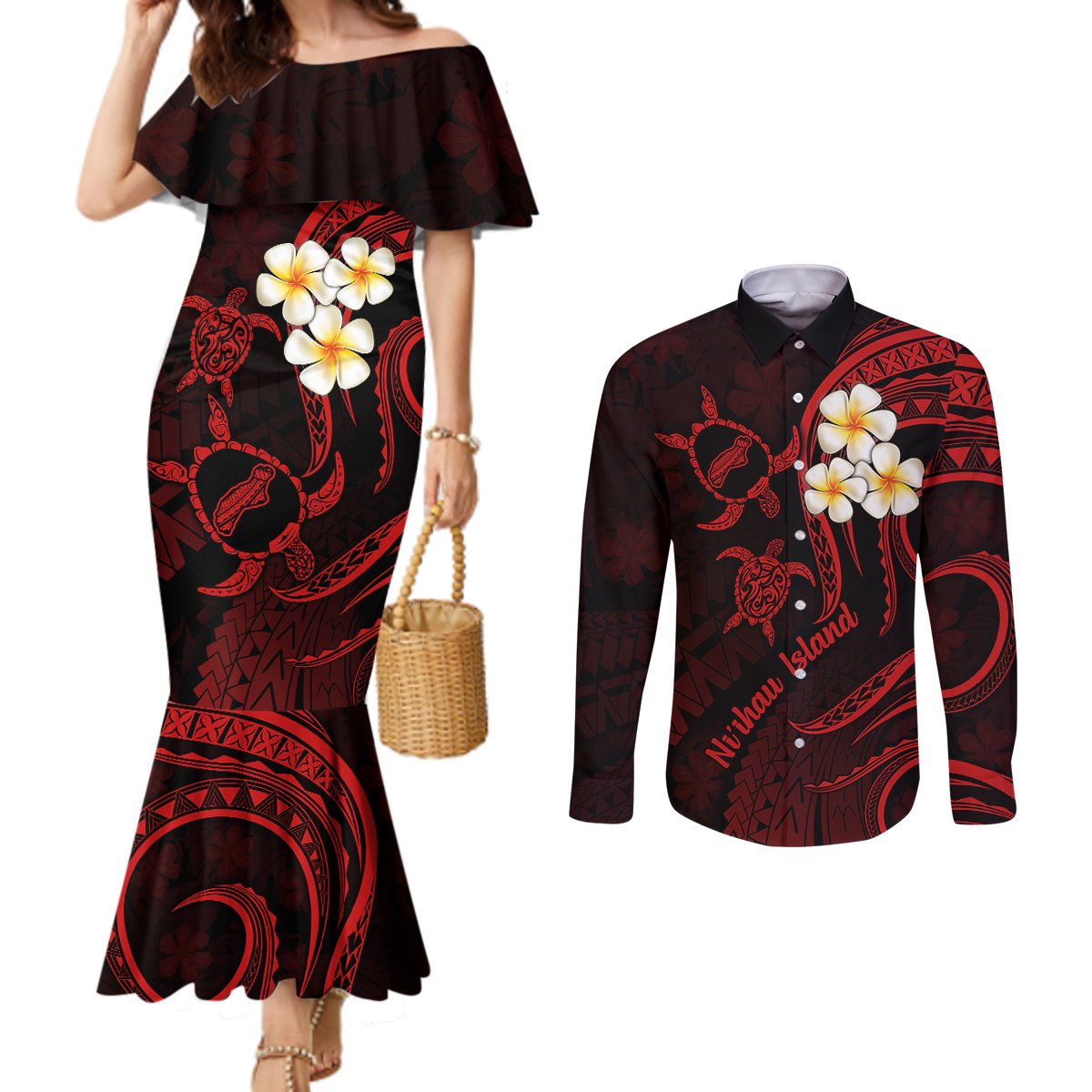 polynesian-hawaii-couples-mermaid-dress-and-long-sleeve-button-shirts-niihau-islands-with-pacific-plumeria-red-vibe