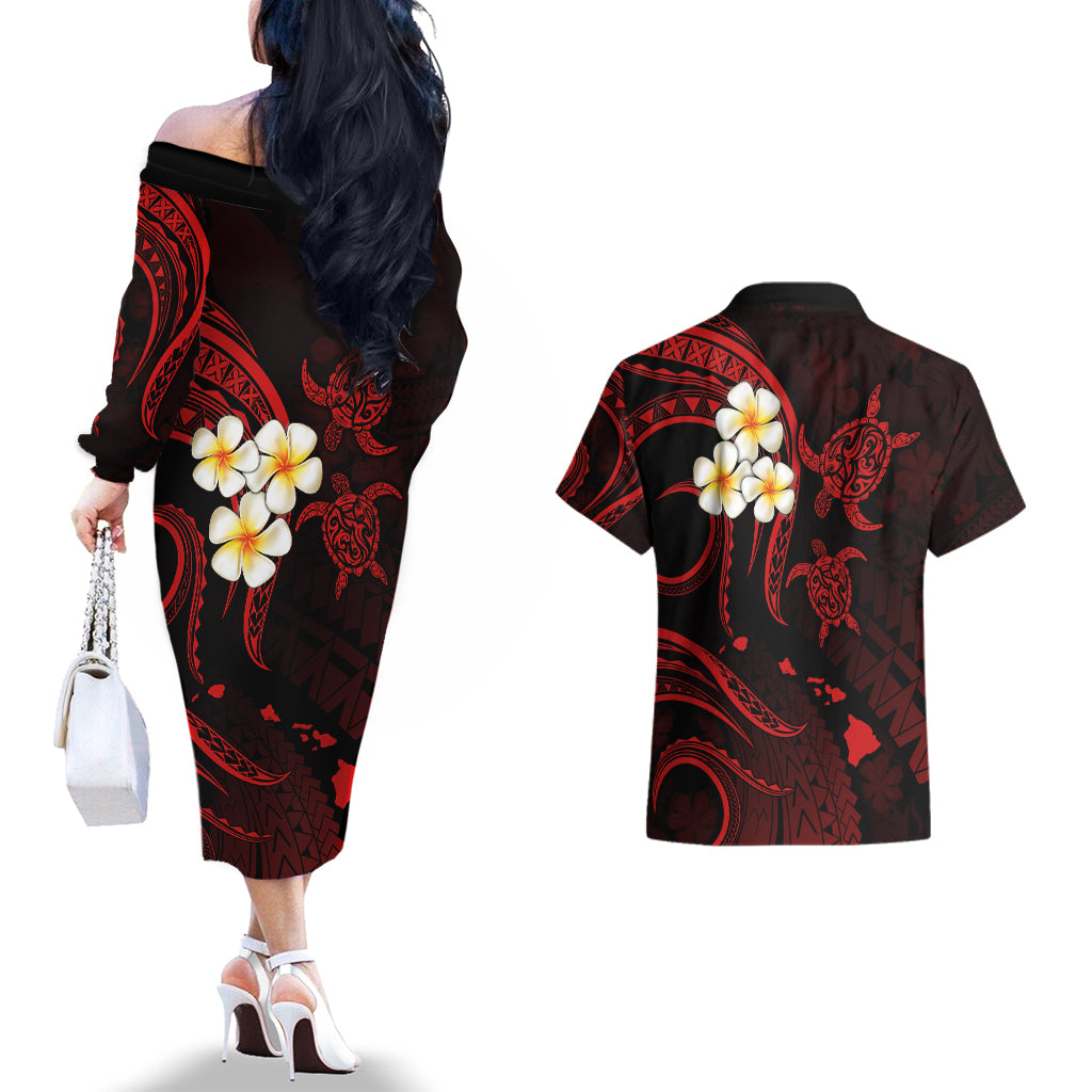 Polynesian Hawaii Couples Off The Shoulder Long Sleeve Dress and Hawaiian Shirt Niihau Islands with Pacific Plumeria Red Vibe LT9 - Wonder Print Shop