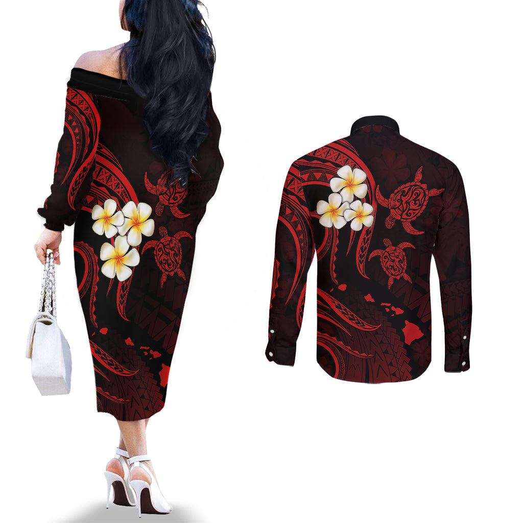 polynesian-hawaii-couples-off-the-shoulder-long-sleeve-dress-and-long-sleeve-button-shirts-niihau-islands-with-pacific-plumeria-red-vibe
