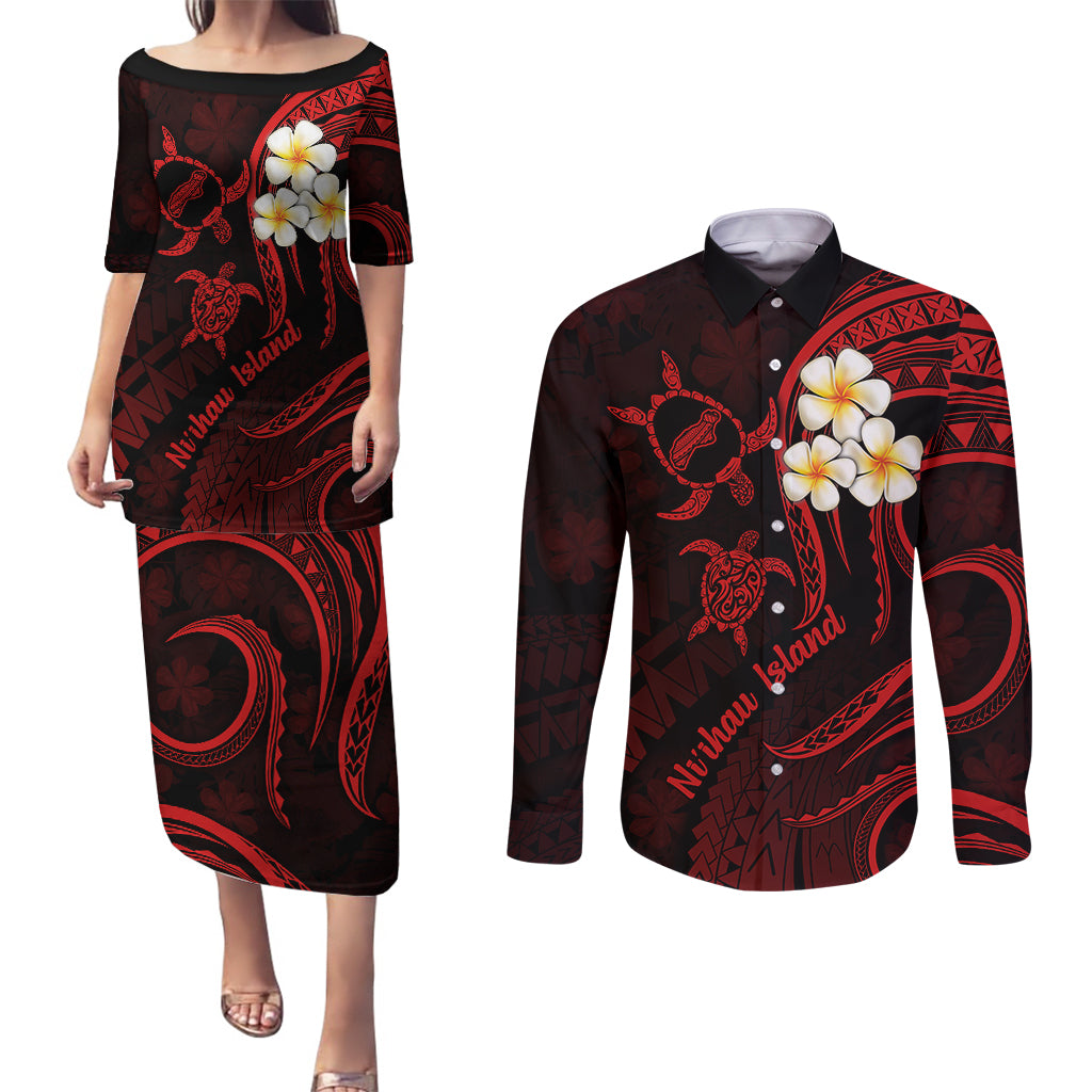 Polynesian Hawaii Couples Puletasi Dress and Long Sleeve Button Shirts Niihau Islands with Pacific Plumeria Red Vibe LT9 - Wonder Print Shop