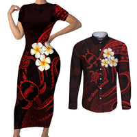 Polynesian Hawaii Couples Short Sleeve Bodycon Dress and Long Sleeve Button Shirts Niihau Islands with Pacific Plumeria Red Vibe LT9 - Wonder Print Shop