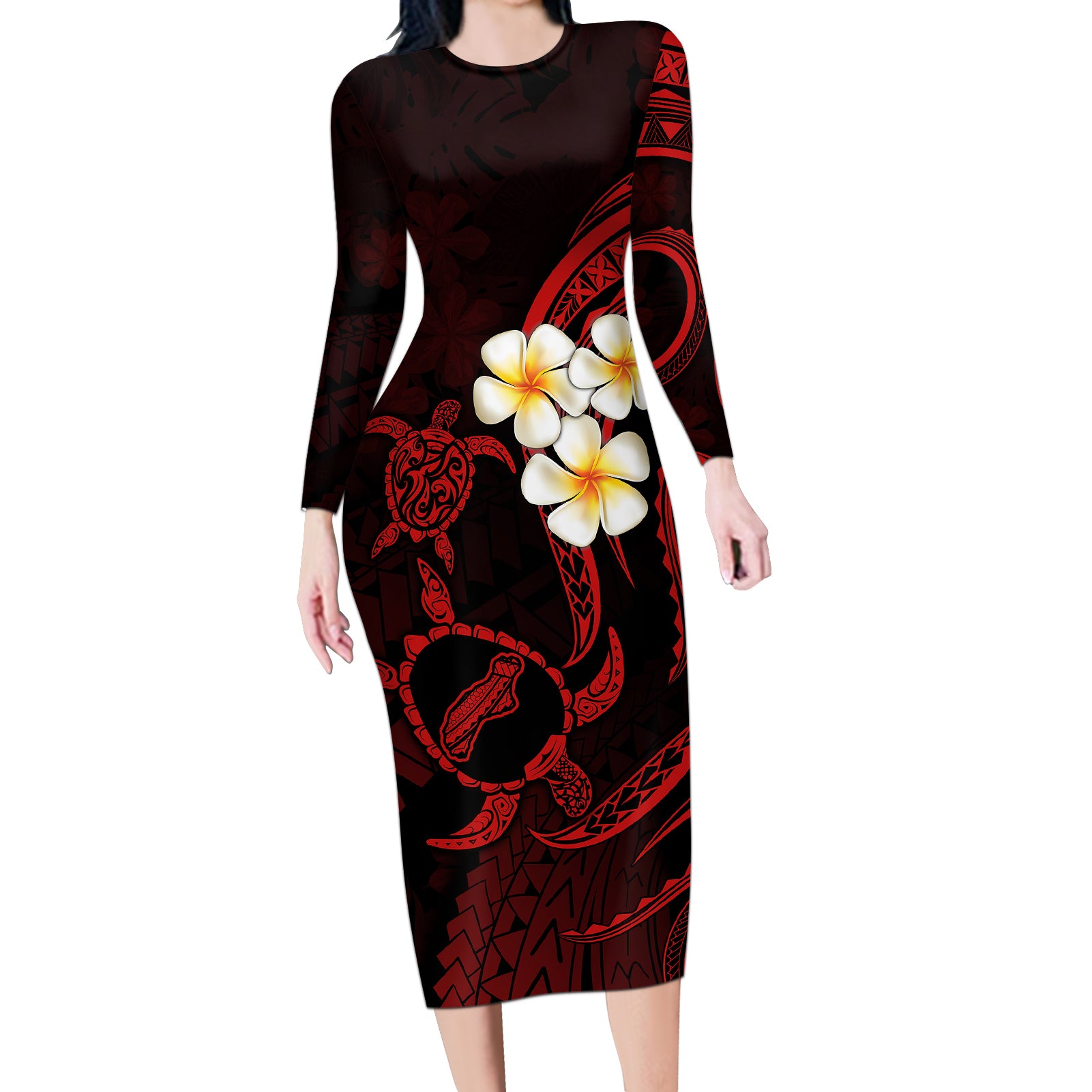 Polynesian Hawaii Long Sleeve Bodycon Dress Niihau Islands with Pacific Plumeria Red Vibe - Wonder Print Shop