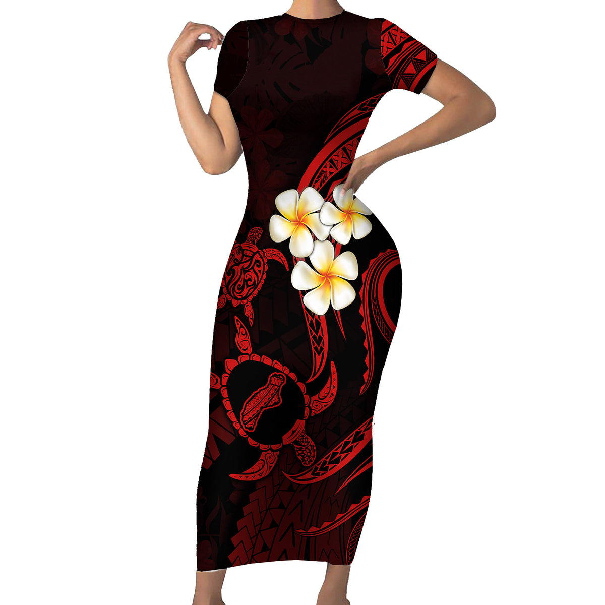 Polynesian Hawaii Short Sleeve Bodycon Dress Niihau Islands with Pacific Plumeria Red Vibe - Wonder Print Shop