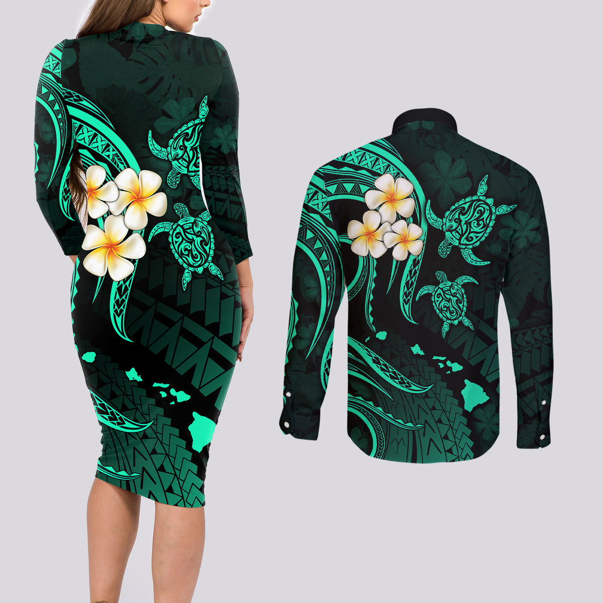 Polynesian Hawaii Couples Long Sleeve Bodycon Dress and Long Sleeve Button Shirts Niihau Islands with Pacific Plumeria Turquoise Vibe LT9 - Wonder Print Shop