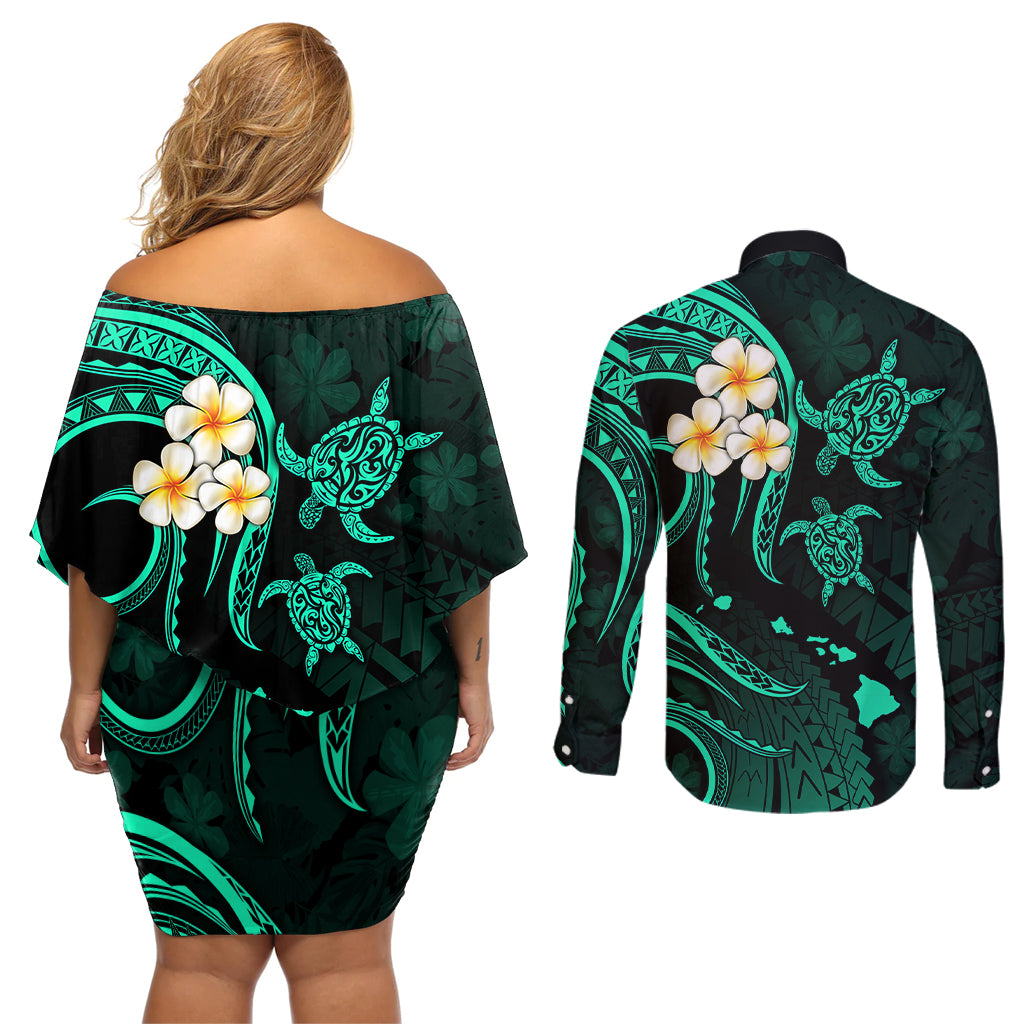 Polynesian Hawaii Couples Off Shoulder Short Dress and Long Sleeve Button Shirts Niihau Islands with Pacific Plumeria Turquoise Vibe LT9 - Wonder Print Shop
