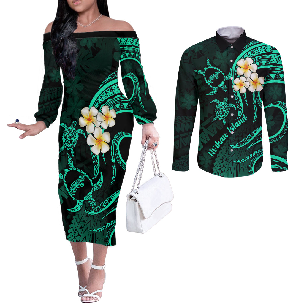 polynesian-hawaii-couples-off-the-shoulder-long-sleeve-dress-and-long-sleeve-button-shirts-niihau-islands-with-pacific-plumeria-turquoise-vibe