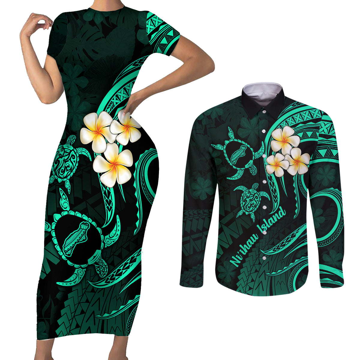 Polynesian Hawaii Couples Short Sleeve Bodycon Dress and Long Sleeve Button Shirts Niihau Islands with Pacific Plumeria Turquoise Vibe LT9 - Wonder Print Shop