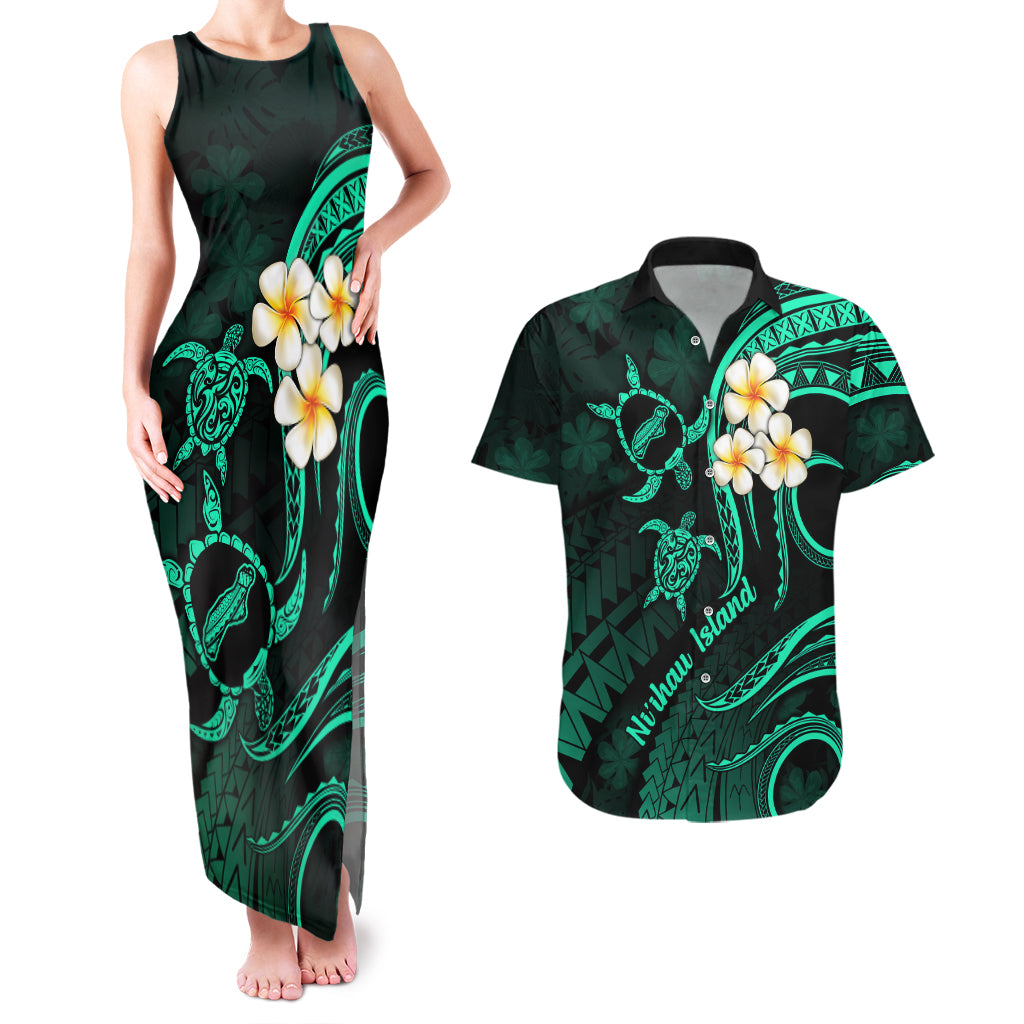 Polynesian Hawaii Couples Matching Tank Maxi Dress And Hawaiian Shirt Niihau Islands with Pacific Plumeria Turquoise Vibe LT9 - Wonder Print Shop