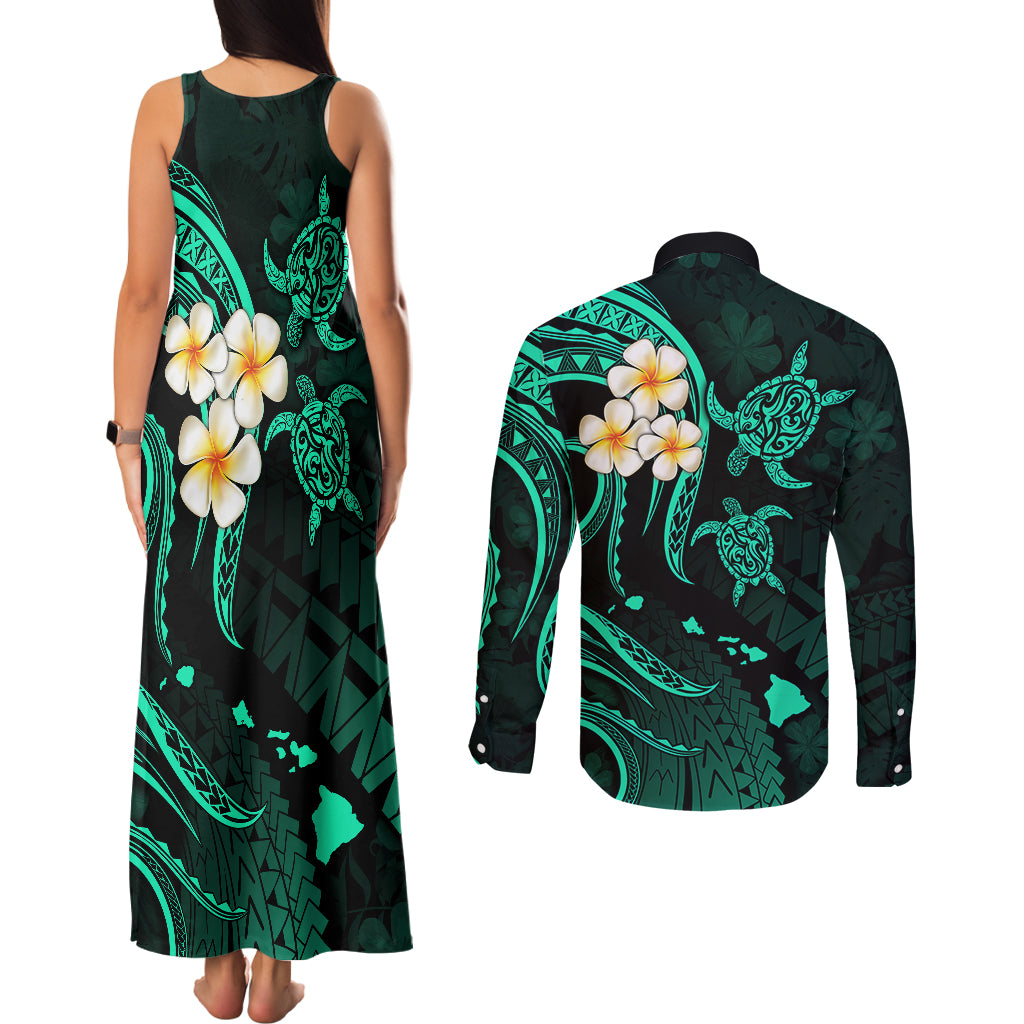 Polynesian Hawaii Couples Matching Tank Maxi Dress and Long Sleeve Button Shirts Niihau Islands with Pacific Plumeria Turquoise Vibe LT9 - Wonder Print Shop