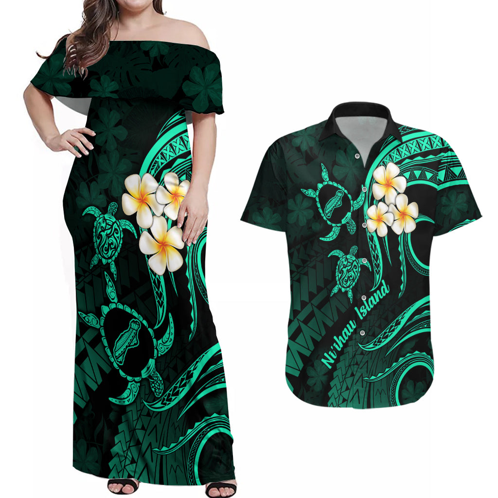 Polynesian Hawaii Couples Off Shoulder Maxi Dress and Hawaiian Shirt Niihau Islands with Pacific Plumeria Turquoise Vibe LT9 - Wonder Print Shop