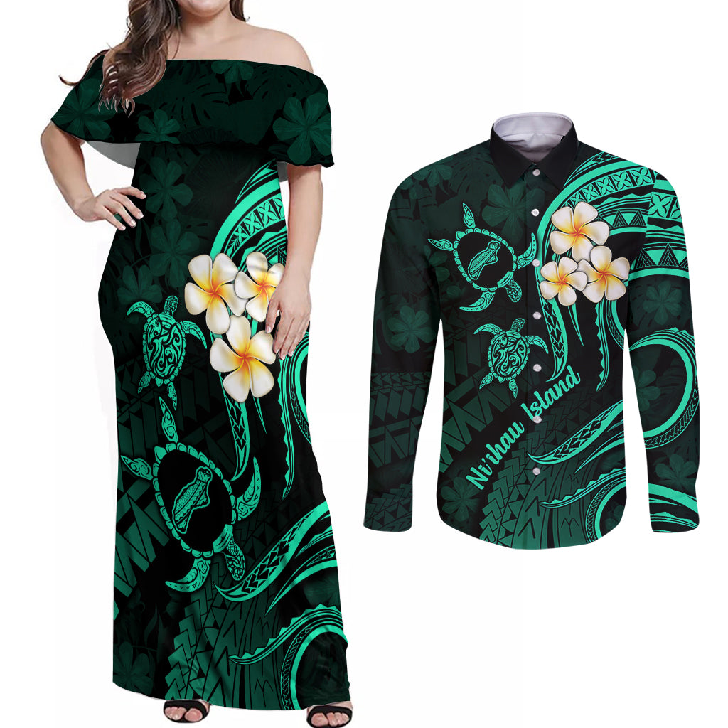 Polynesian Hawaii Couples Off Shoulder Maxi Dress and Long Sleeve Button Shirts Niihau Islands with Pacific Plumeria Turquoise Vibe LT9 - Wonder Print Shop