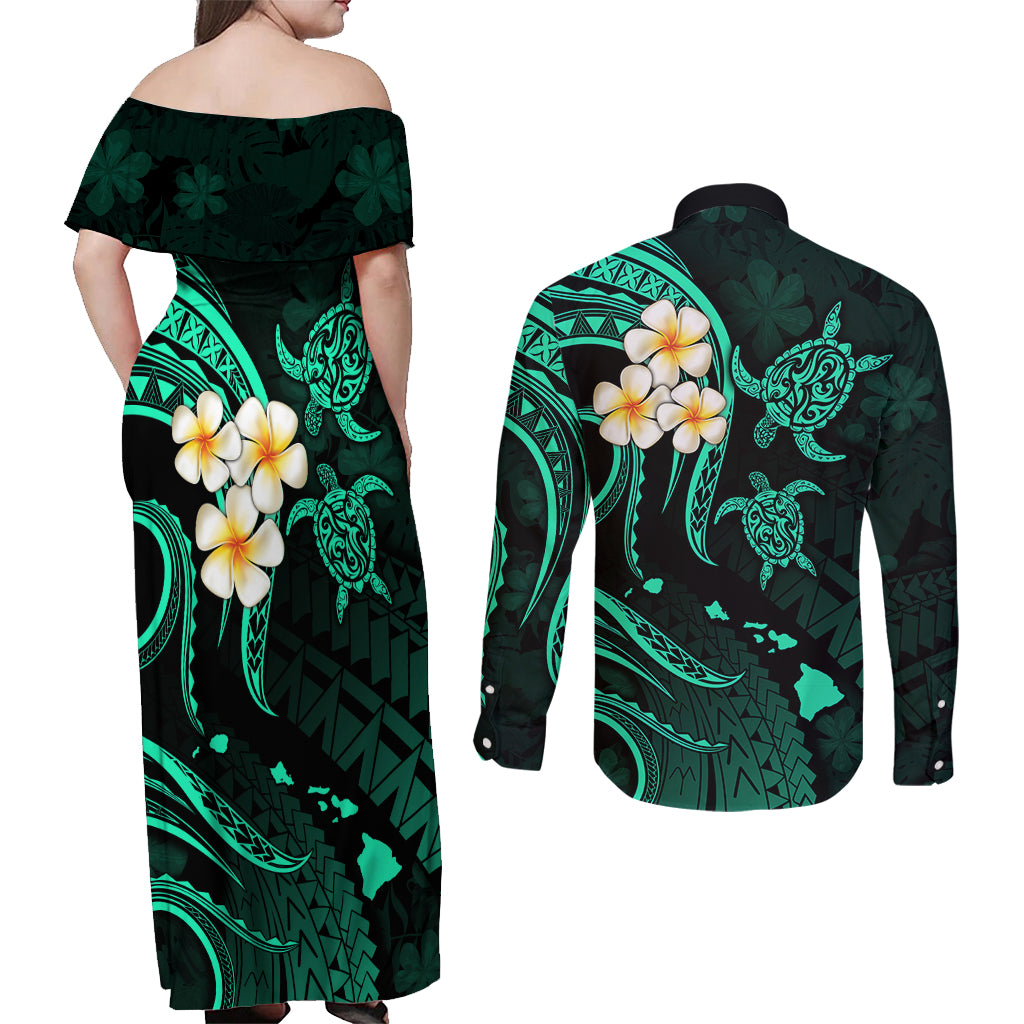 Polynesian Hawaii Couples Off Shoulder Maxi Dress and Long Sleeve Button Shirts Niihau Islands with Pacific Plumeria Turquoise Vibe LT9 - Wonder Print Shop