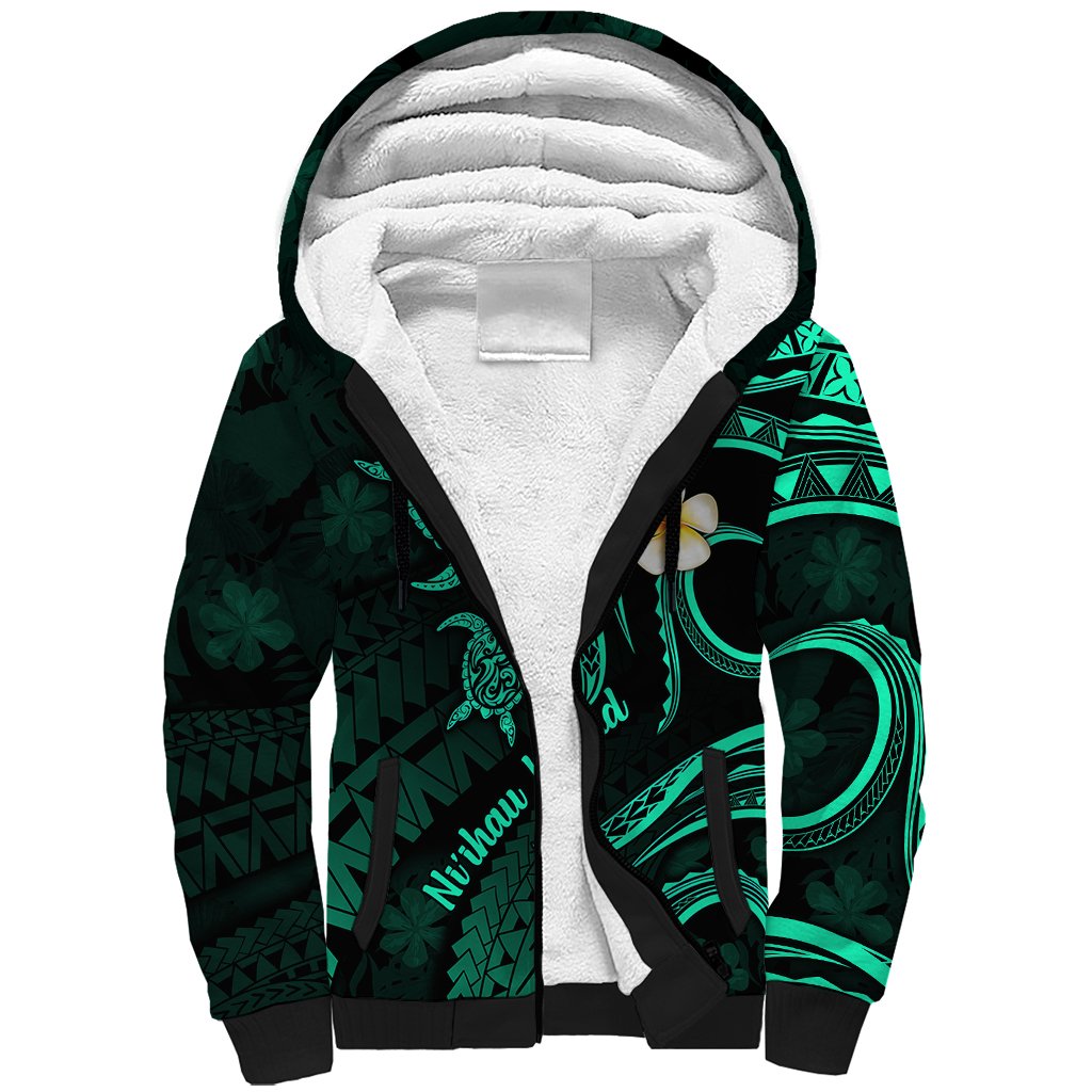 Polynesian Hawaii Sherpa Hoodie Niihau Islands with Pacific Plumeria Turquoise Vibe - Wonder Print Shop