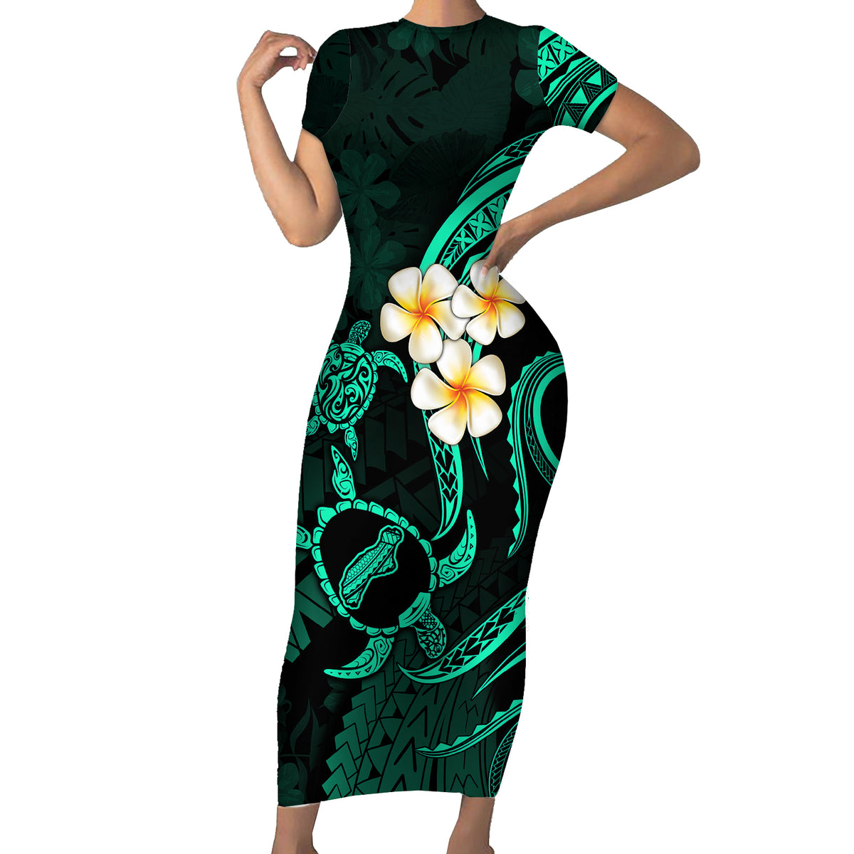 Polynesian Hawaii Short Sleeve Bodycon Dress Niihau Islands with Pacific Plumeria Turquoise Vibe - Wonder Print Shop