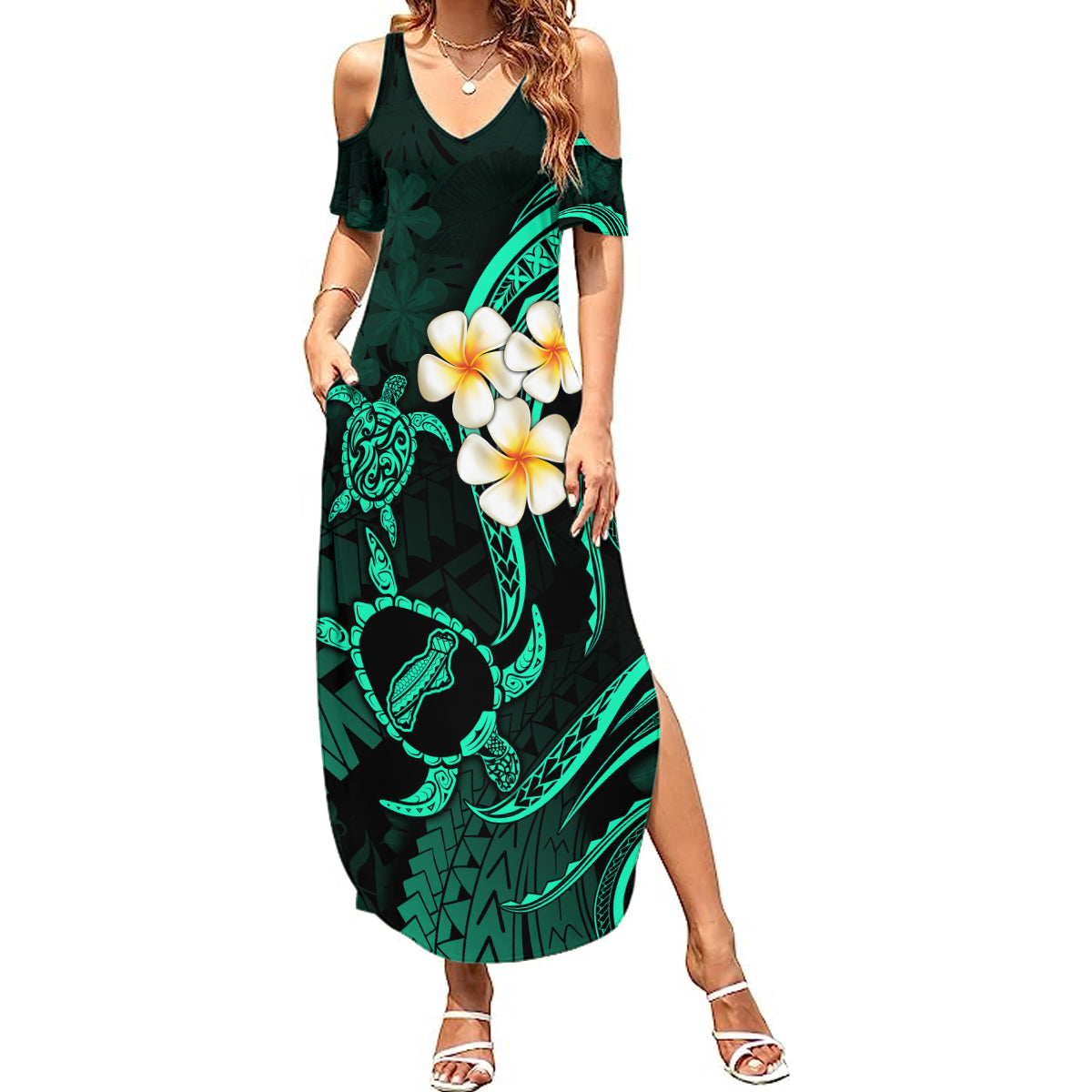 Polynesian Hawaii Summer Maxi Dress Niihau Islands with Pacific Plumeria Turquoise Vibe - Wonder Print Shop