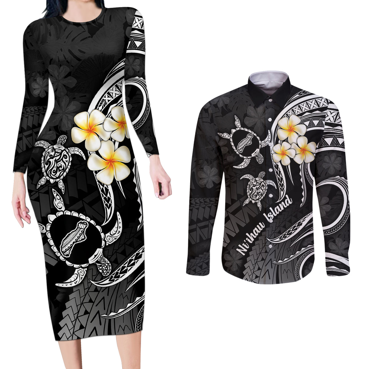 Polynesian Hawaii Couples Long Sleeve Bodycon Dress and Long Sleeve Button Shirts Niihau Islands with Pacific Plumeria White Vibe LT9 - Wonder Print Shop
