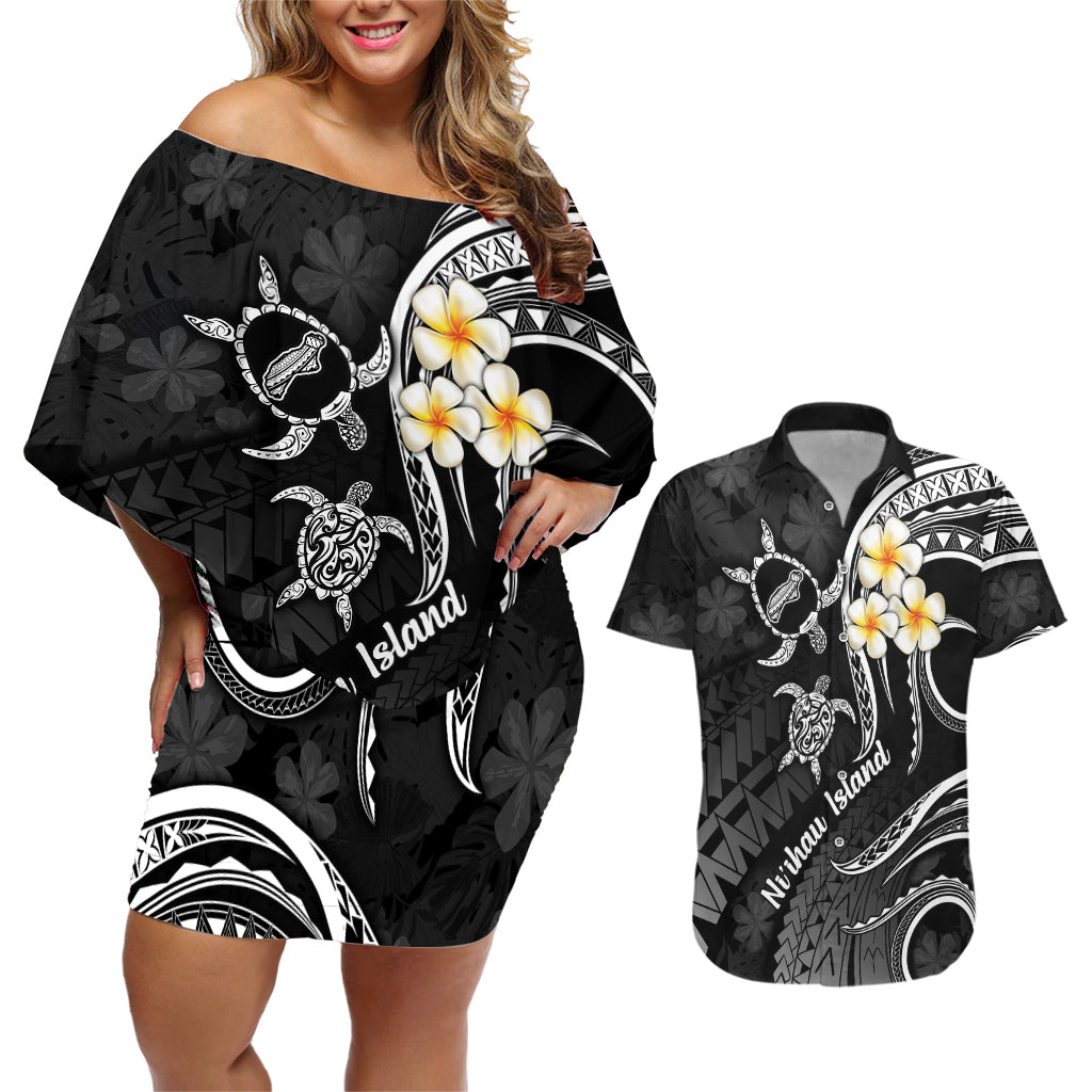 Polynesian Hawaii Couples Off Shoulder Short Dress and Hawaiian Shirt Niihau Islands with Pacific Plumeria White Vibe LT9 - Wonder Print Shop
