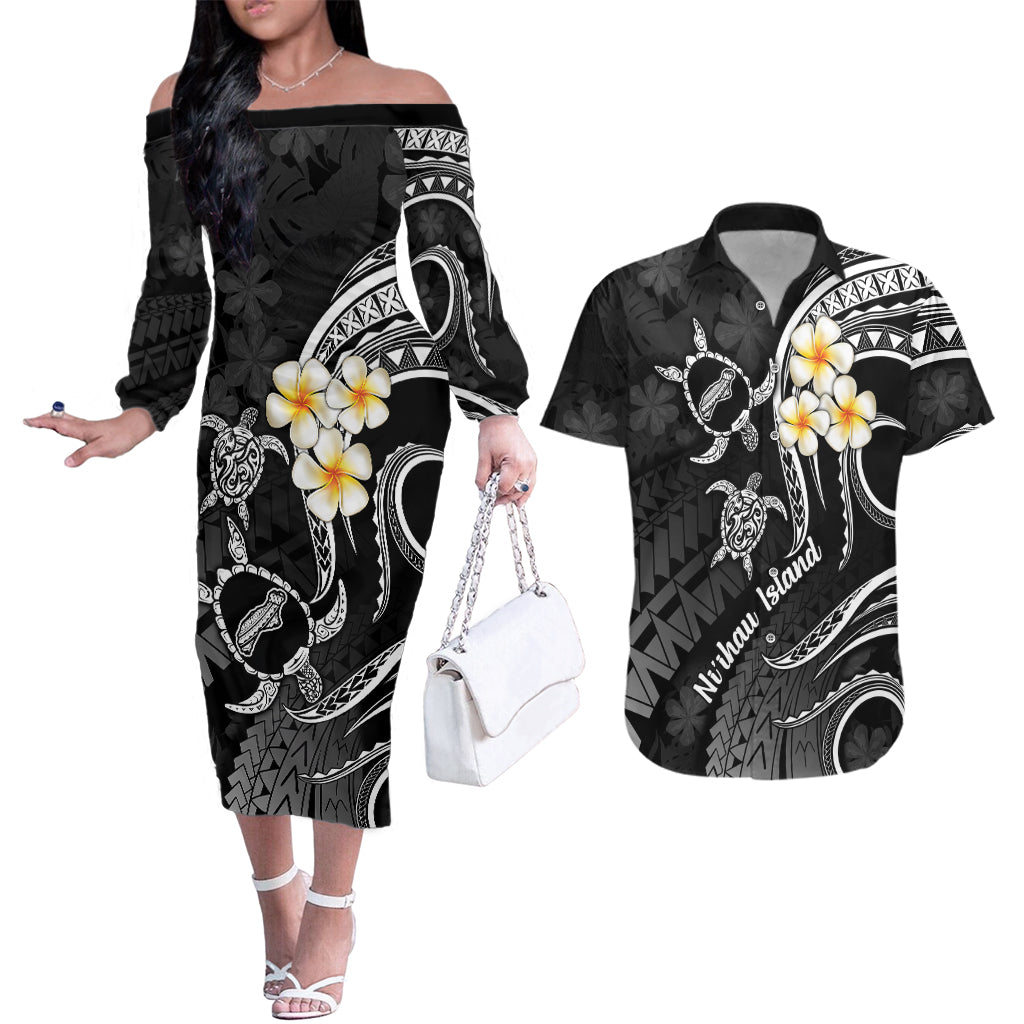 Polynesian Hawaii Couples Off The Shoulder Long Sleeve Dress and Hawaiian Shirt Niihau Islands with Pacific Plumeria White Vibe LT9 - Wonder Print Shop