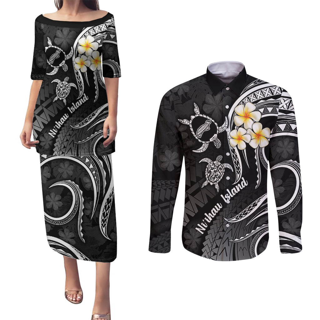 Polynesian Hawaii Couples Puletasi Dress and Long Sleeve Button Shirts Niihau Islands with Pacific Plumeria White Vibe LT9 - Wonder Print Shop
