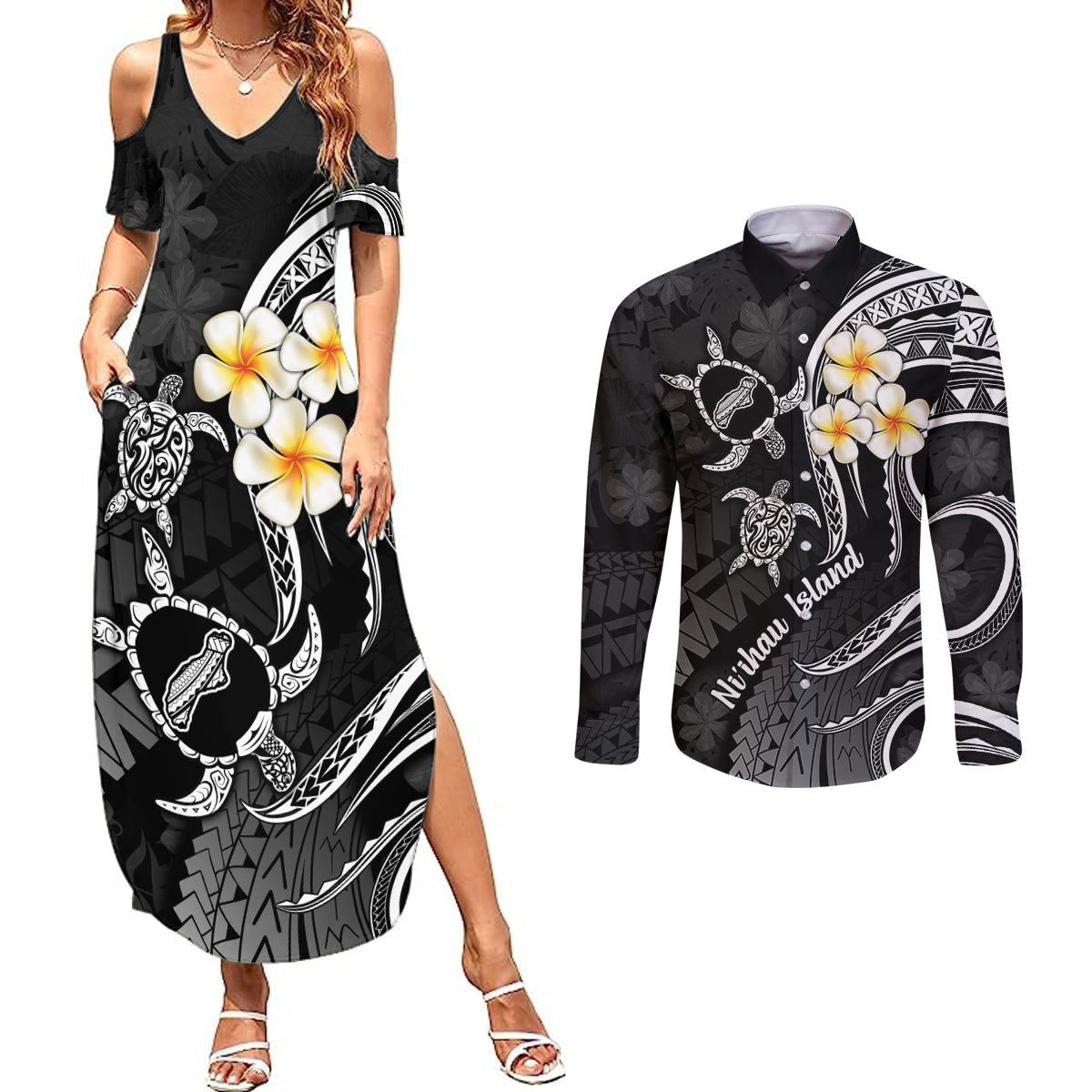 Polynesian Hawaii Couples Summer Maxi Dress and Long Sleeve Button Shirts Niihau Islands with Pacific Plumeria White Vibe LT9 - Wonder Print Shop