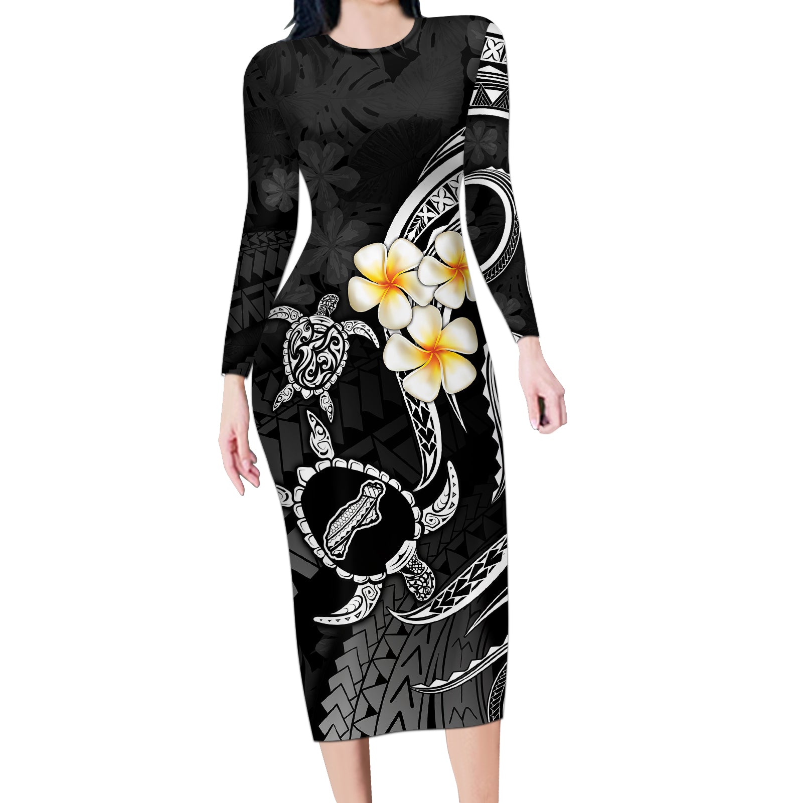 Polynesian Hawaii Long Sleeve Bodycon Dress Niihau Islands with Pacific Plumeria White Vibe - Wonder Print Shop