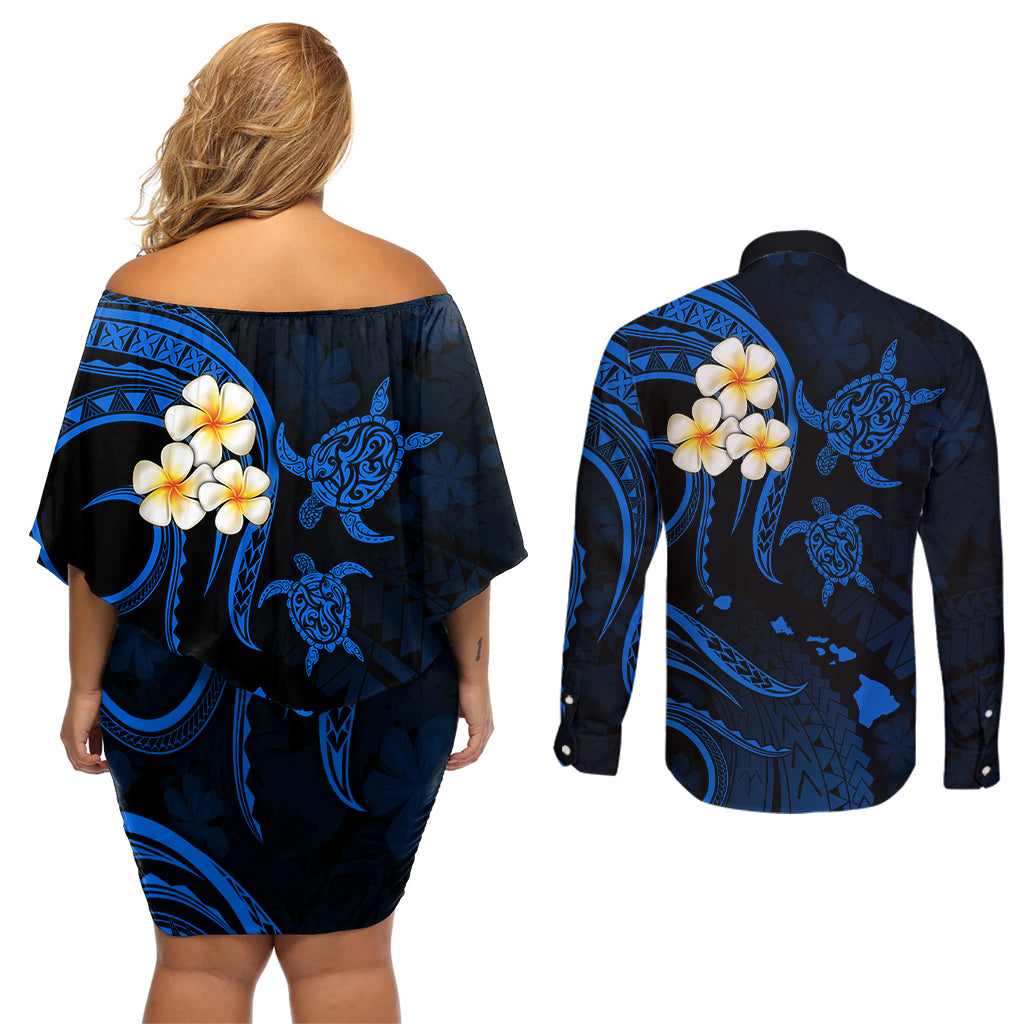 Hawaii Couples Off Shoulder Short Dress and Long Sleeve Button Shirts Molokai Islands Polynesian Sunset Plumeria Blue Vibe LT9 - Wonder Print Shop