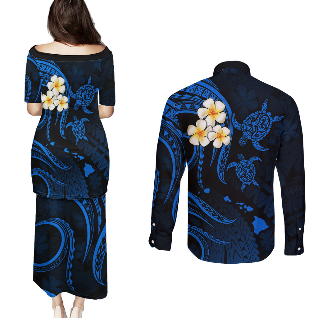 Hawaii Couples Puletasi Dress and Long Sleeve Button Shirts Molokai Islands Polynesian Sunset Plumeria Blue Vibe LT9 - Wonder Print Shop