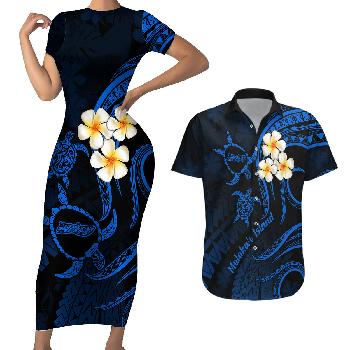 Hawaii Couples Short Sleeve Bodycon Dress and Hawaiian Shirt Molokai Islands Polynesian Sunset Plumeria Blue Vibe LT9 - Wonder Print Shop