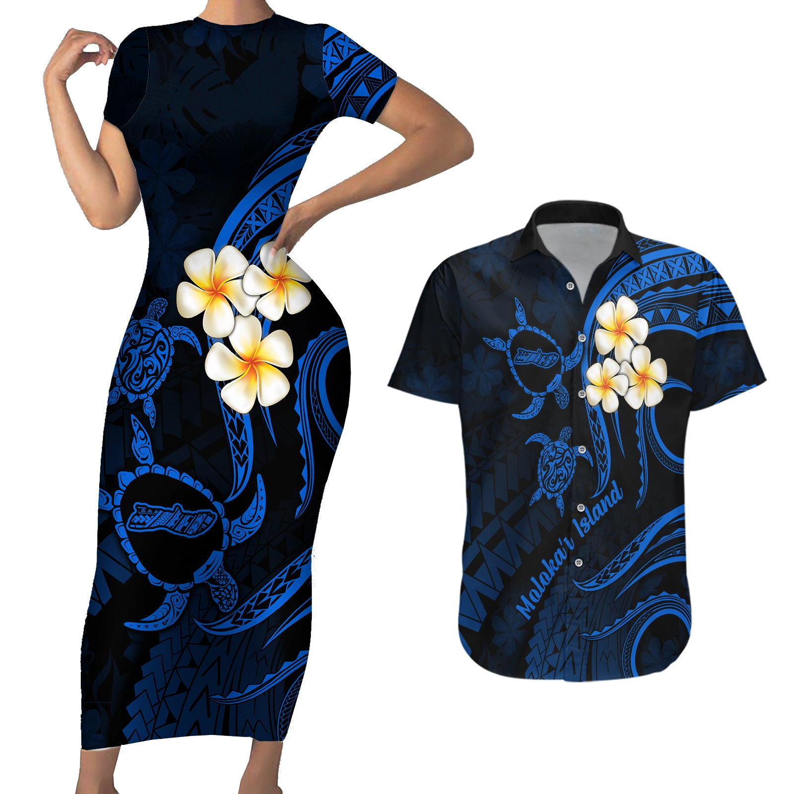 Hawaii Couples Short Sleeve Bodycon Dress and Hawaiian Shirt Molokai Islands Polynesian Sunset Plumeria Blue Vibe LT9 - Wonder Print Shop