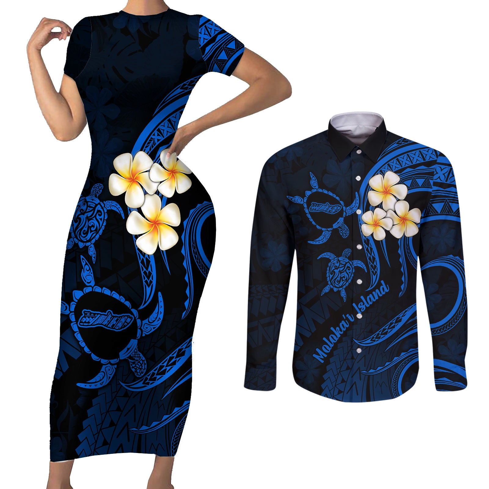Hawaii Couples Short Sleeve Bodycon Dress and Long Sleeve Button Shirts Molokai Islands Polynesian Sunset Plumeria Blue Vibe LT9 - Wonder Print Shop