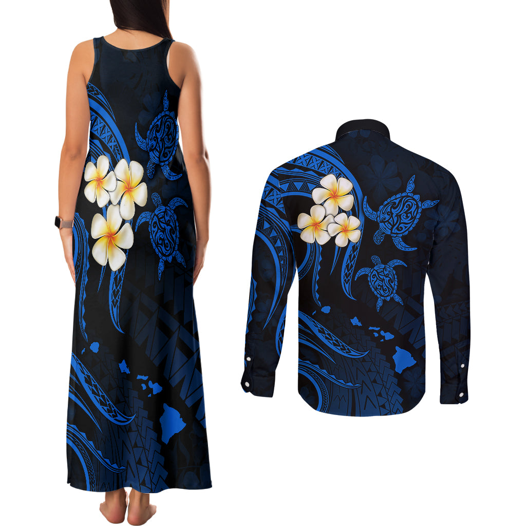 Hawaii Couples Matching Tank Maxi Dress and Long Sleeve Button Shirts Molokai Islands Polynesian Sunset Plumeria Blue Vibe LT9 - Wonder Print Shop
